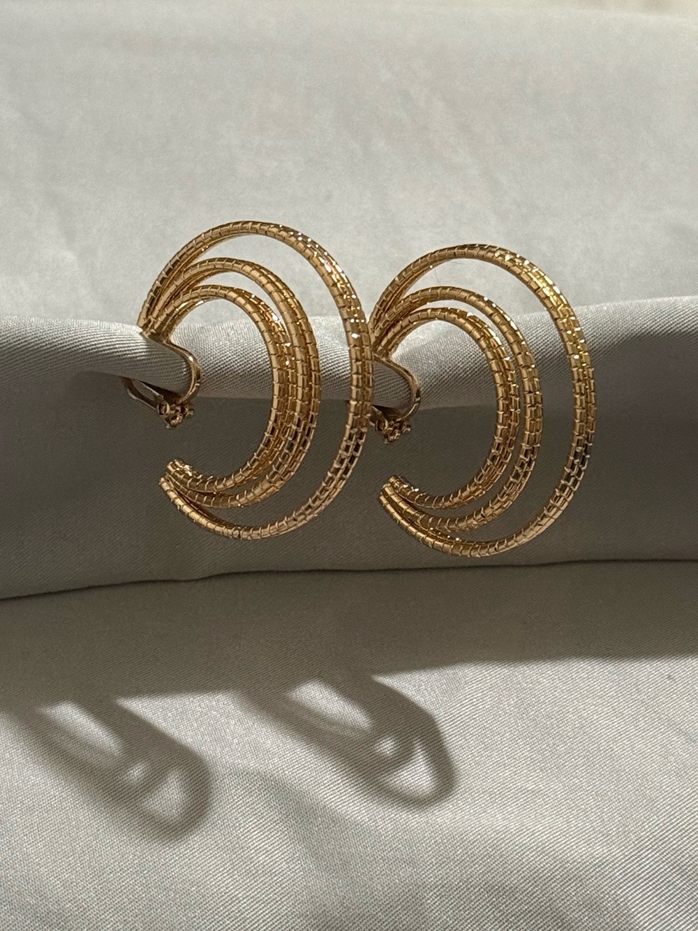 Gold Tone Textured Triple Layer Clip-On Hoop Earrings